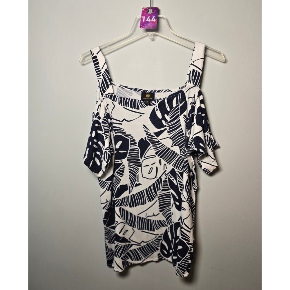 JM Collection Womens Top Navy Tropical Palm Cold Shoulder Blouse Plus Size 0X